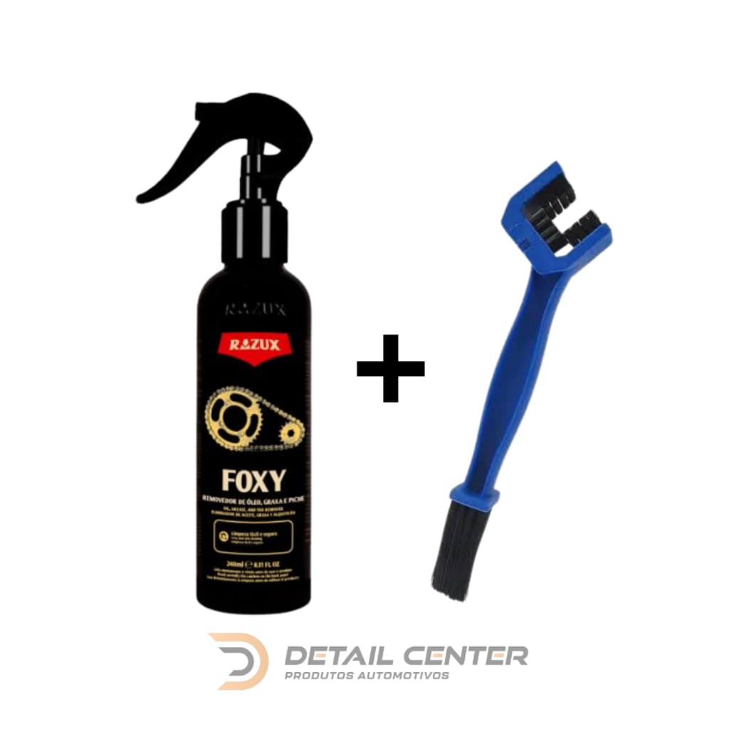 Kit de Limpeza para Moto com Foxy Razux 240ml + Escova e Luva Nitrílica – Limpeza Profunda de Corrente, Motor