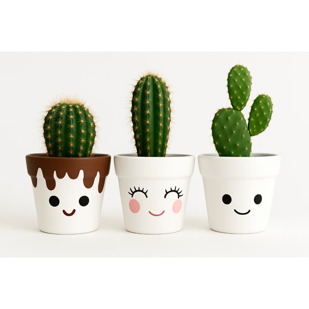 Trio de Vasos de Barro Pintados à Mão – 10x8cm – Design Divertido e Decorativo – Ideal para Cactos e Suculentas