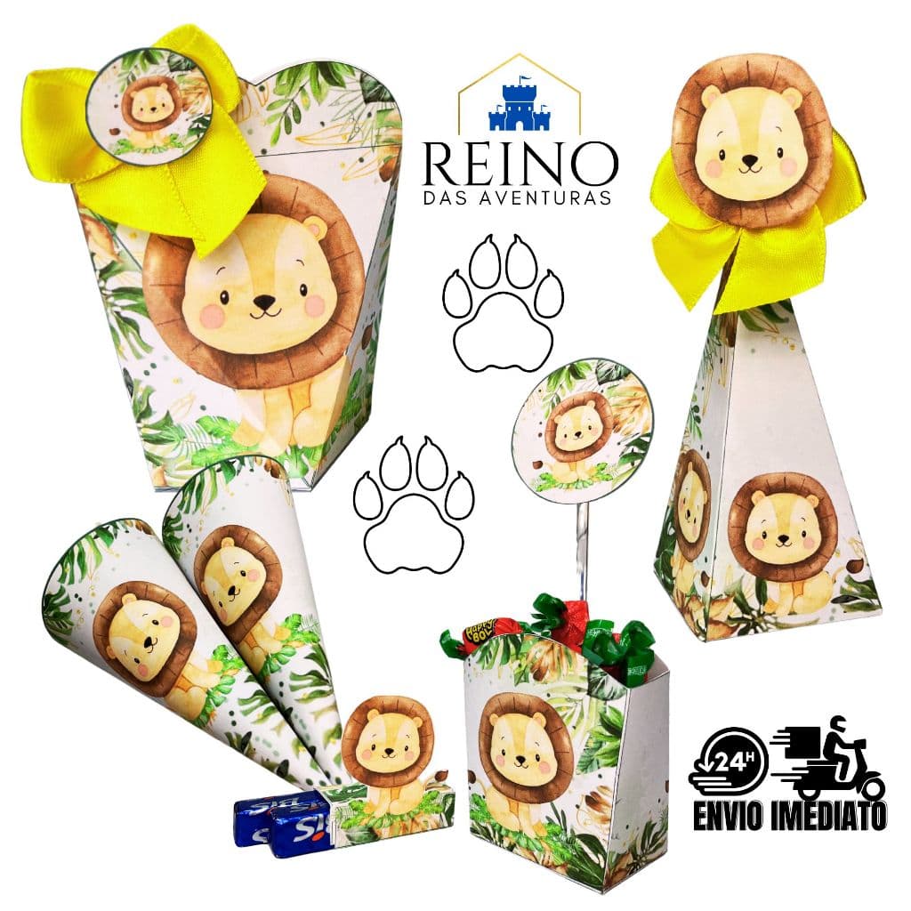 Envio imediato COM NOME - TEMA LEÃO (LE100) SAFARI AQUARELA Kit Completo 170 Lembrancinha de Aniversário Personalizado