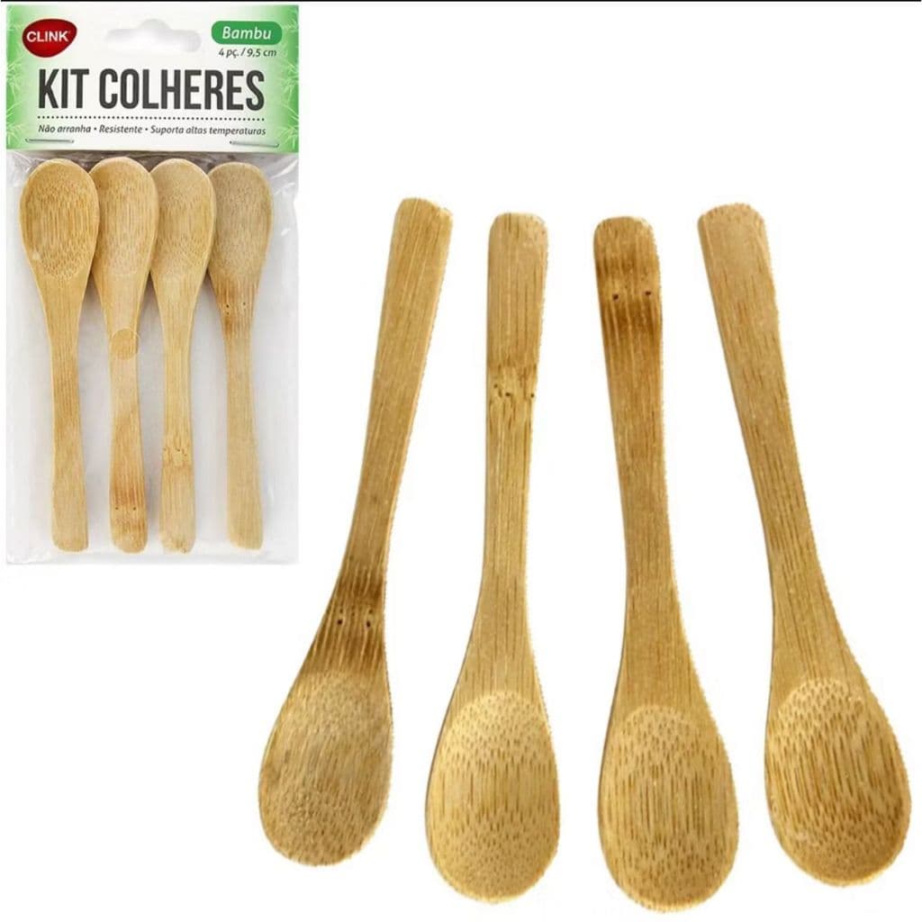 KIT CONJ 4 COLHERES PEQUENAS DE BAMBU PARA SOBREMESAS, PORTA TEMPEROS E CONDIMENTO - 4 Peças (9,5 cm) | Clink - CK4514