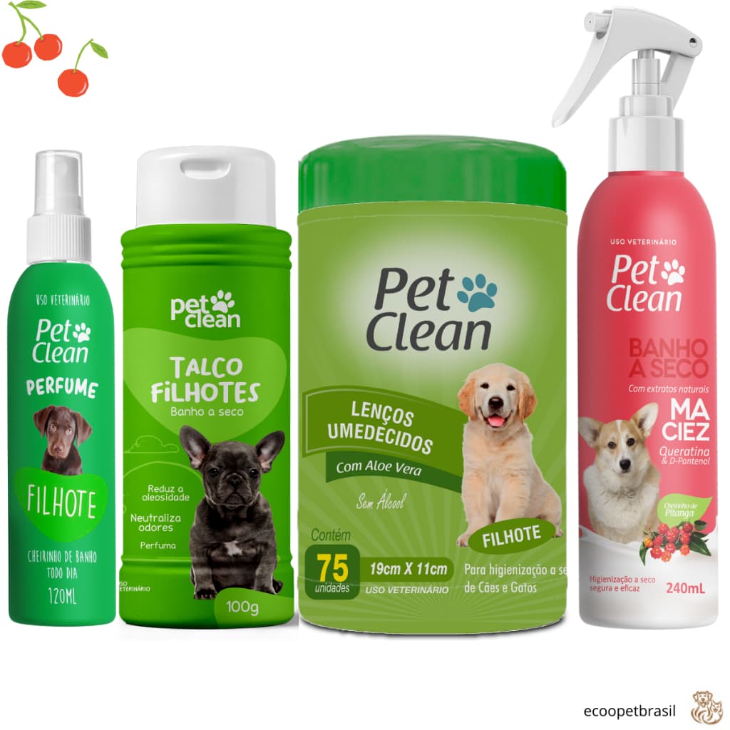 Kit Novo Banho a Seco Cachorro Cães e Gatos + Talco Filhote + Lenços Umedecidos + Perfume Pet Clean