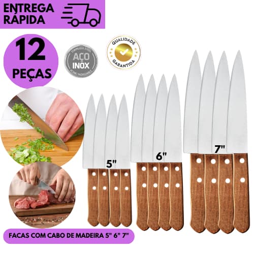 Kits  12 ou 6 Facas Inox 5 6 7 Polegadas Cabo de Madeira Cozinha Corte Profissional Churrasco Restau