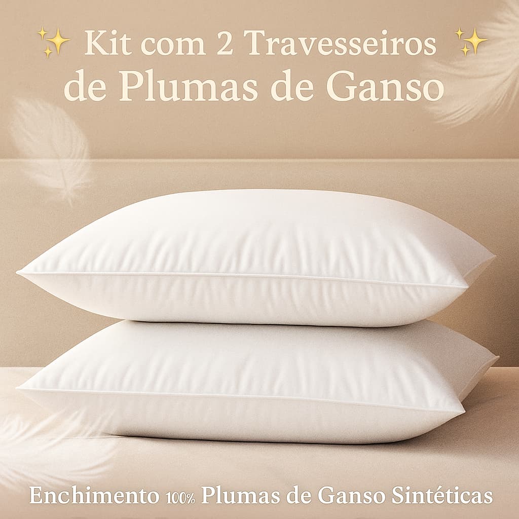 Kit 2 Travesseiro com Penas de Ganso 50x70cm Antialérgico