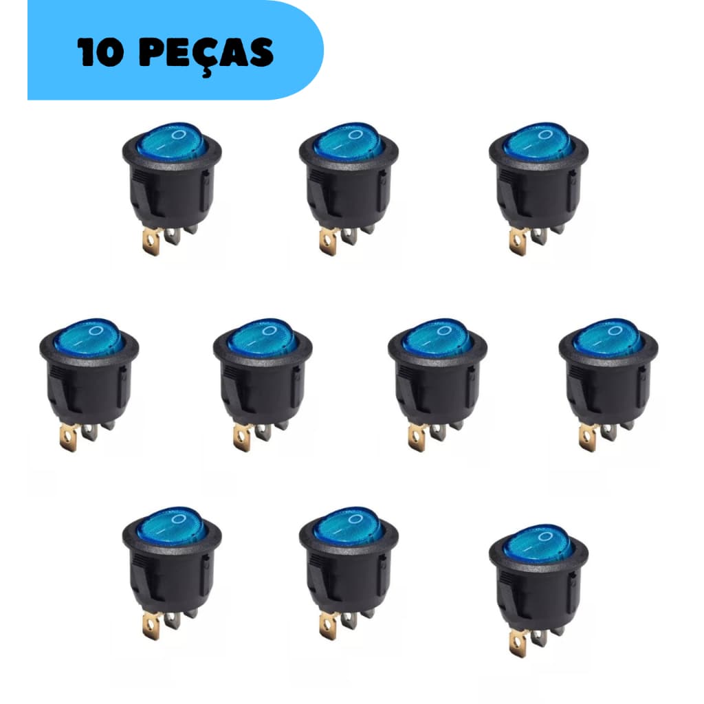 Kit 10 Chaves Gangorra Interruptor Botão para Cafeteira Com Neon Azul 3 Terminais