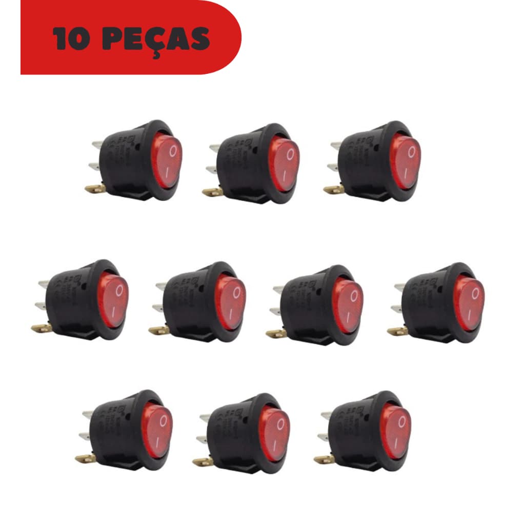 Kit 10 Chaves Gangorra Interruptor Botão para Cafeteira Com Neon Vermelho 3 Terminais