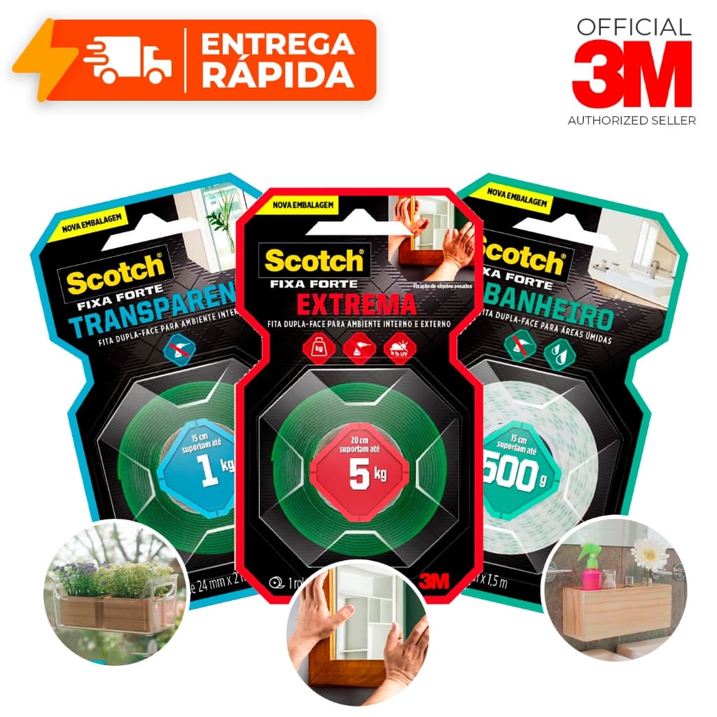 Dupla Face 3M Original Essenciais Extra Forte, Transparente e Banheiro Fixa Quadro Espelho