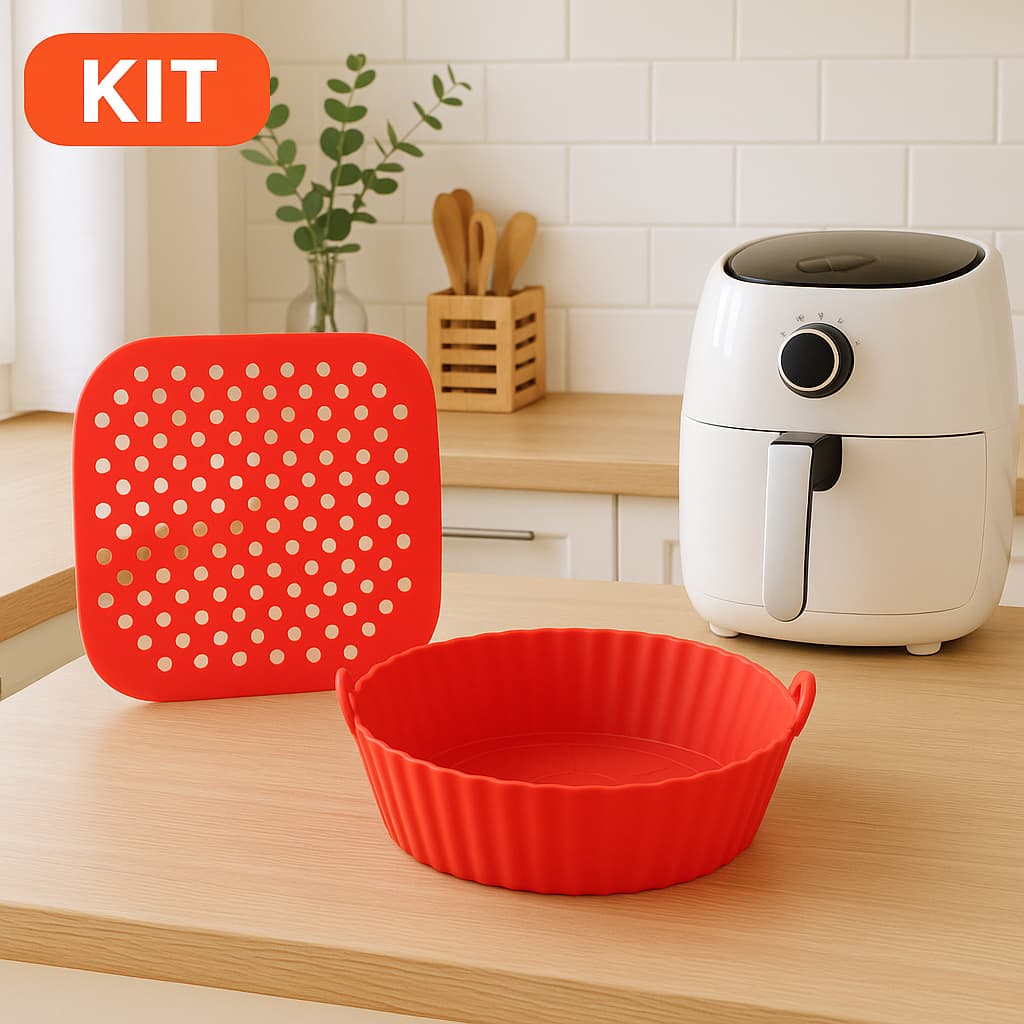 Kit Silicone Airfryer Quadrado e Redondo 20cm Tapete + Forma Antiaderente Forno Micro-ondas Lavavel