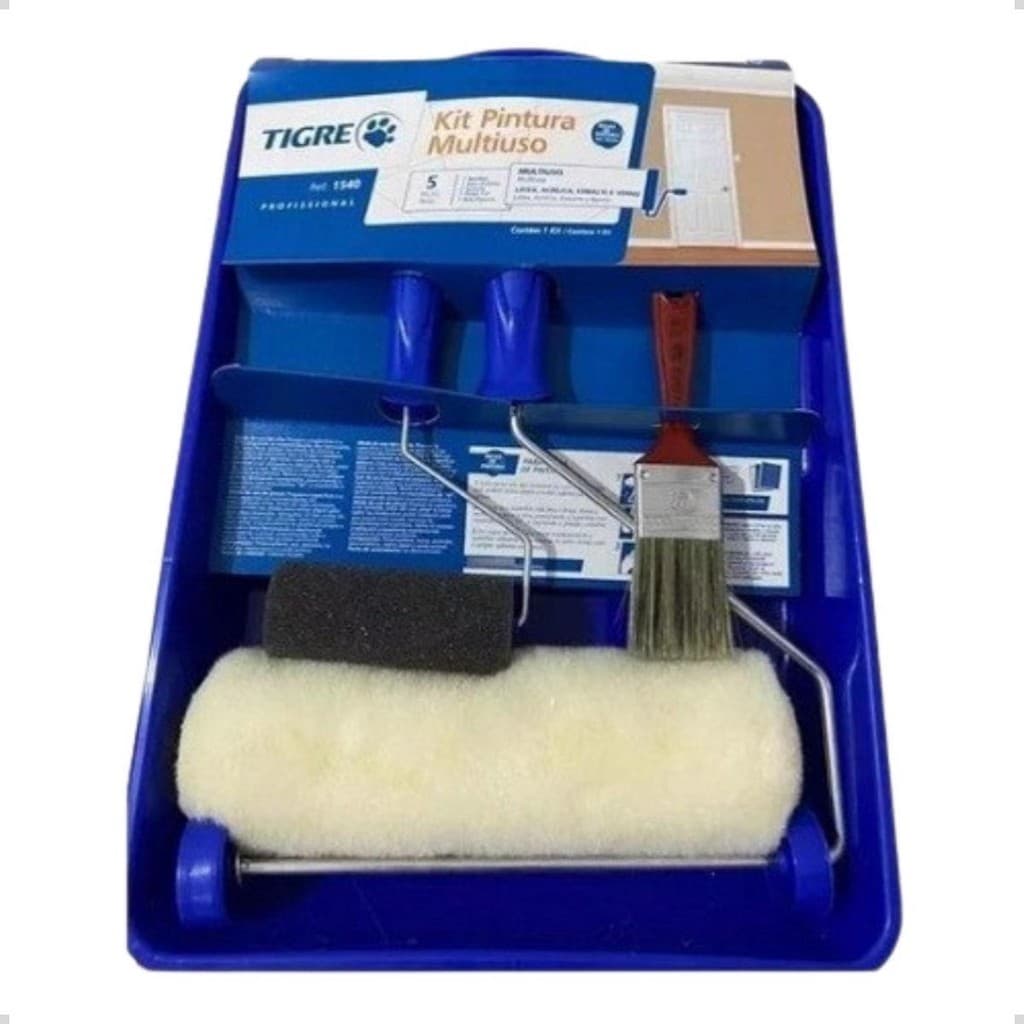 Kit Pintura Completo Tigre 5 Peças com Rolo Pincel Bandeja Suporte Parede Multiuso