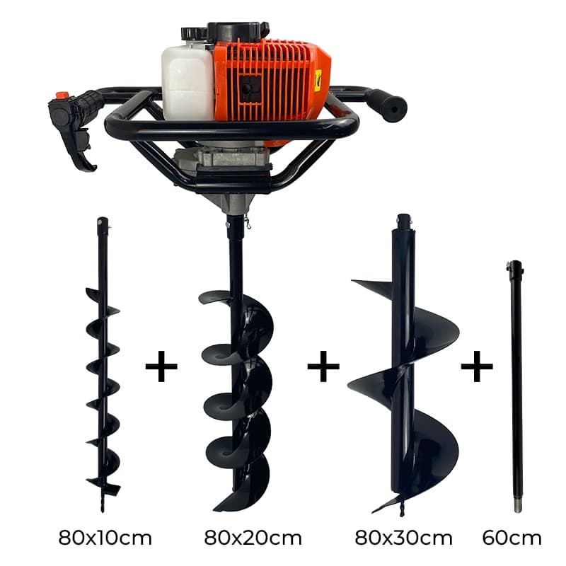 Perfurador de Solo a Gasolina 52cc 2,5HP Profissional com brocas 10cm + 20cm + 30cm + Extensão 60cm Carbon Fak