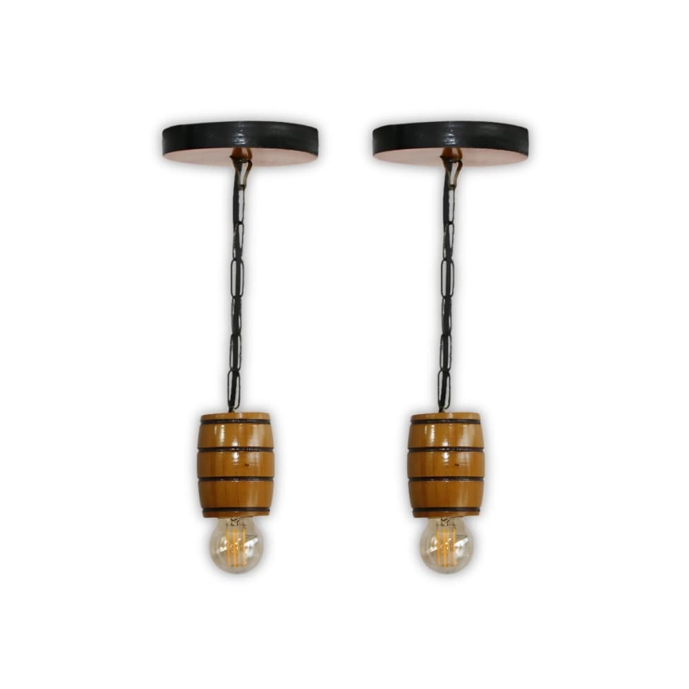 Kit 2 Luminária Pendente Lustre Rústico Vintage Colonial em Madeira Maciça Modelo Barril - Cerejeira