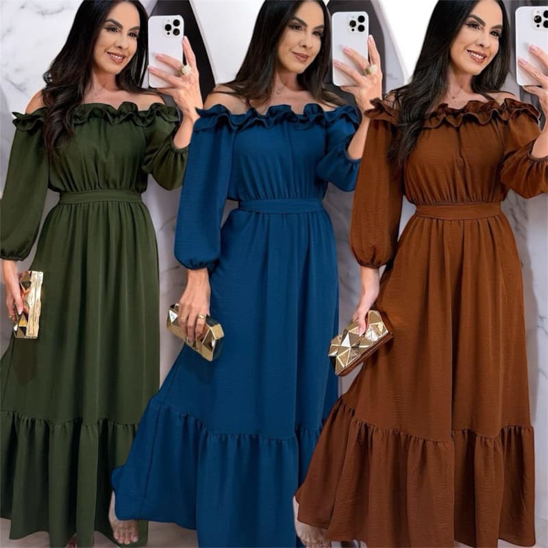 vestido longo hombro a hombro manga 3/4