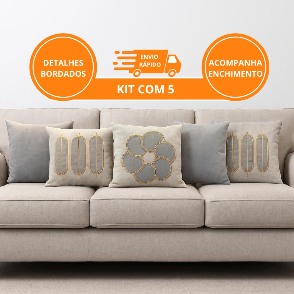 KIT 5 ALMOFADAS 45x45 COM ENCHIMENTO | 3 BORDADAS + 2 LISAS | DECORAÇÃO SOFÁ CAMA SALA