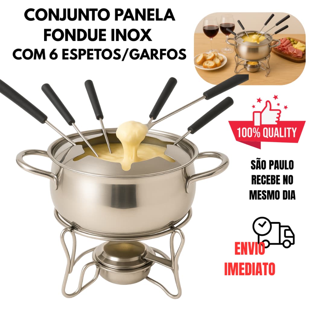 PANELA DE FONDUE EM INOX COM 6 ESPETOS PANELA PARA DERRETER QUEIJO PANELA PARA FOUDUE DOCE CHOCOLATE GRANDE LITROS