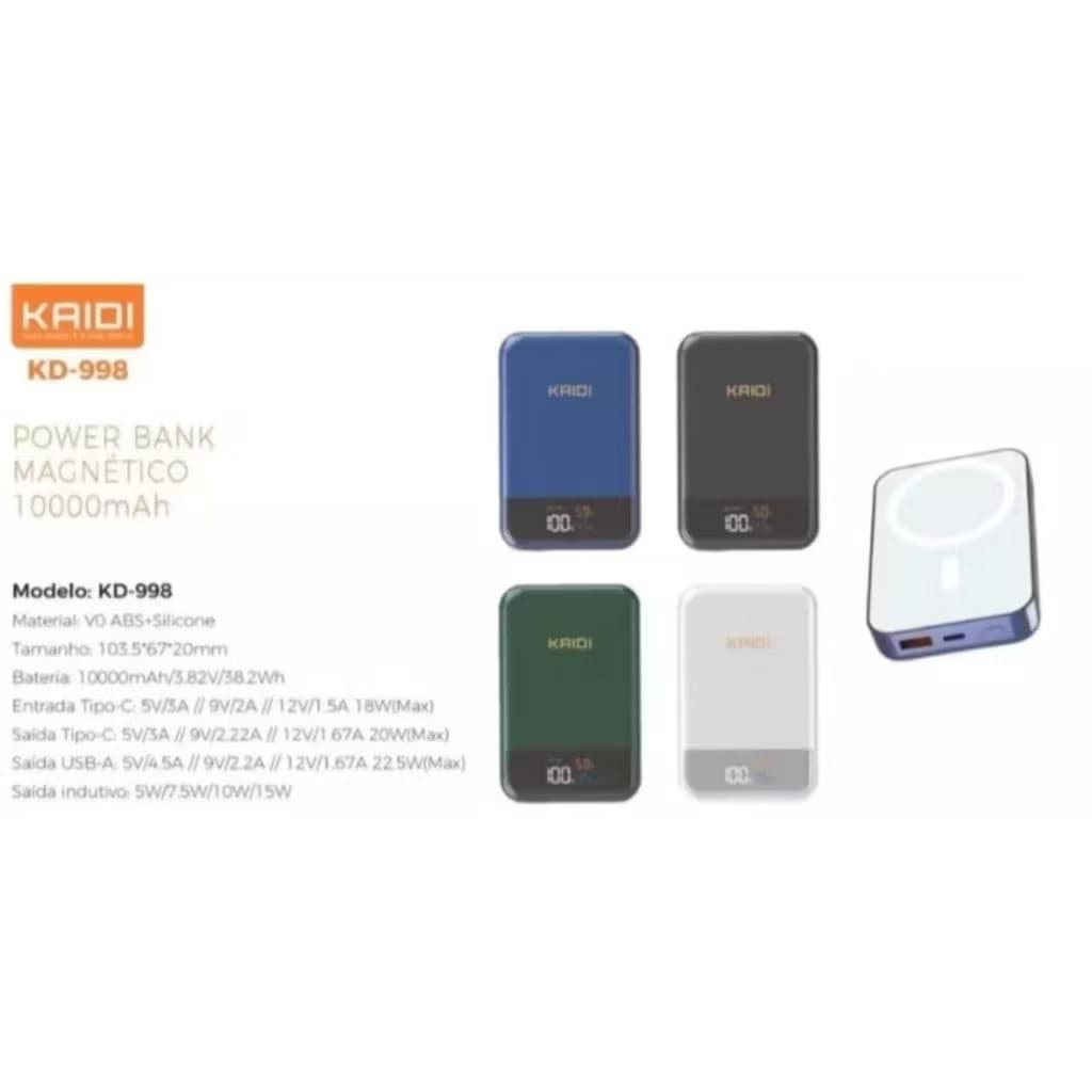 Carregador Por Indução Portátil Power Bank Magnético Kaidi KD 998 10000 mAh USB-A + USB-C