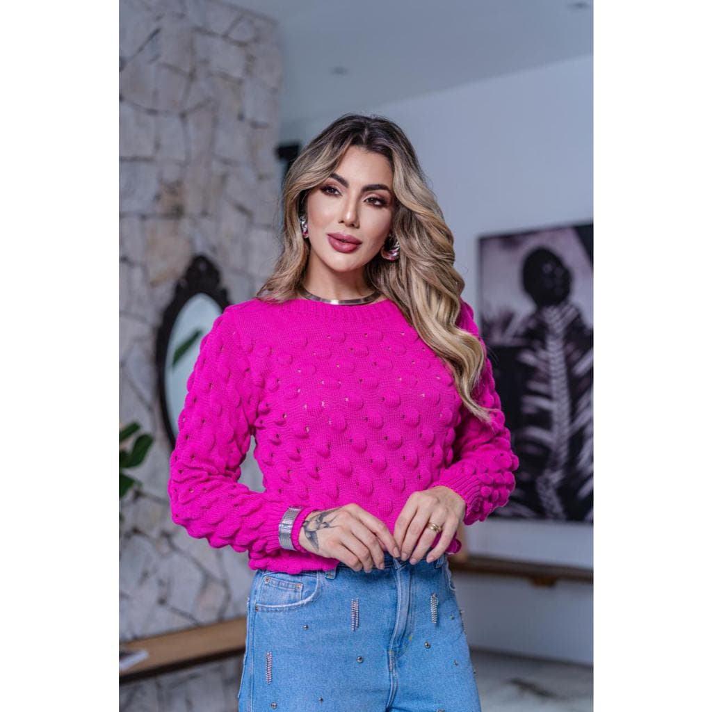 Blusa Mel Tricot Bola Blusinha Crochê Moda Feminina Tendencia Outono Inverno Charmilly Tricot