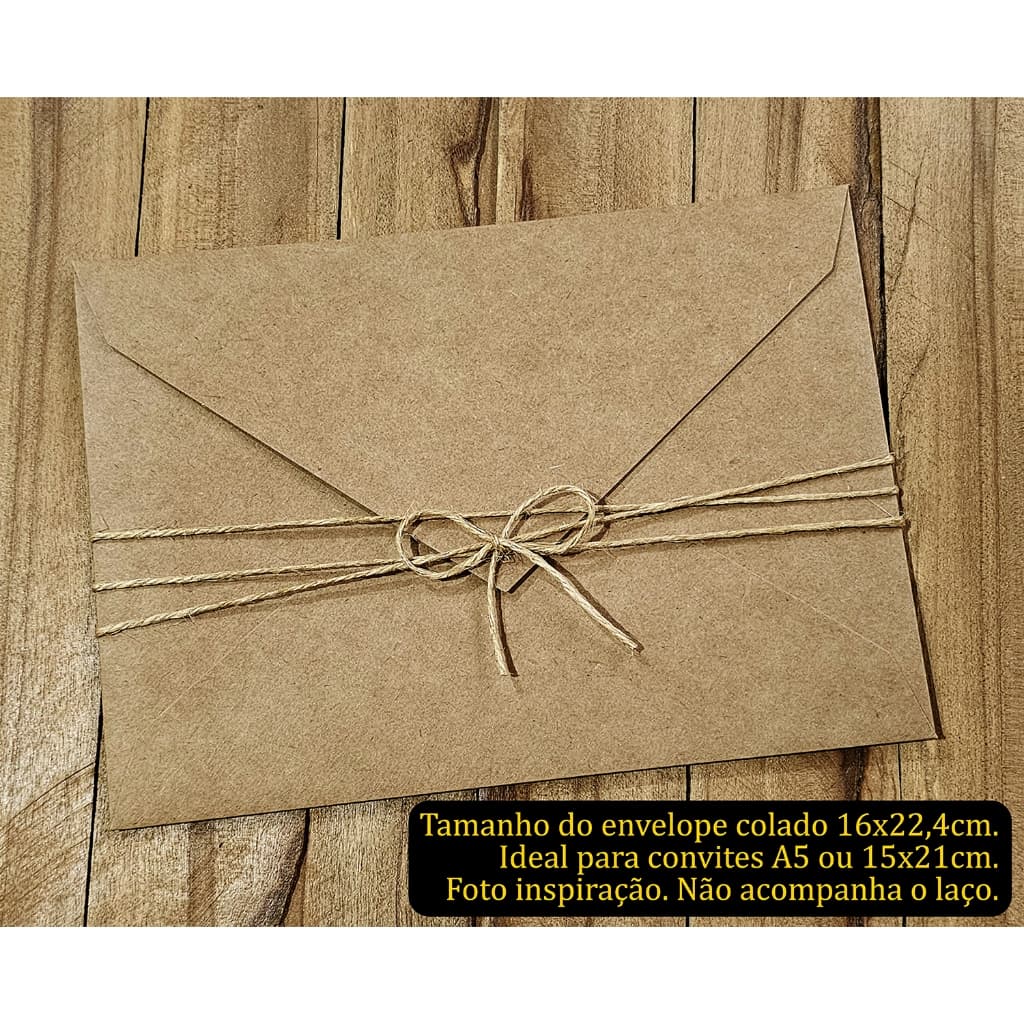 Envelope Bico Clássico Horizontal 16x22,4cm - 25 peças Kraft Pardo Liso Colado Casamento Rústico para Convite 15x21cm