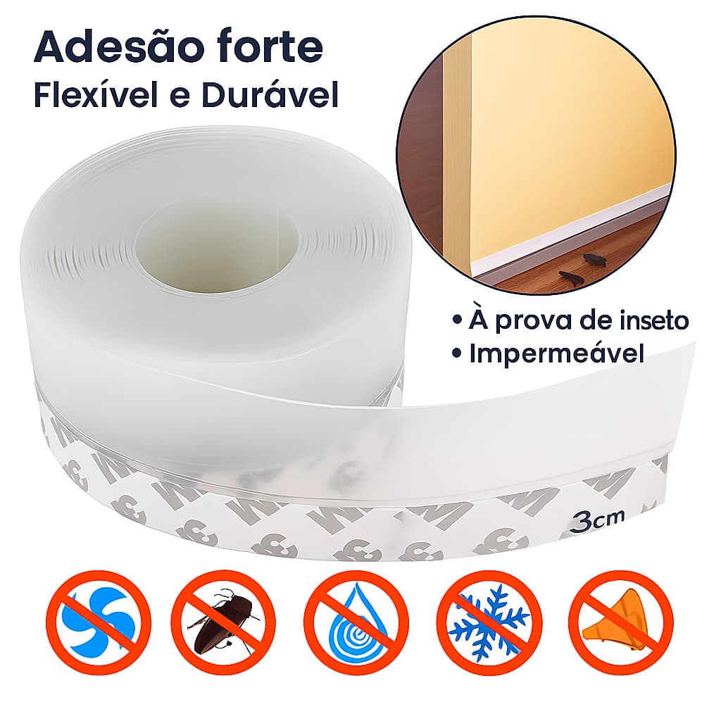 Kit Fita Adesiva Veda Fresta 5 metros Vedação de Portas e Janelas 5M x 35mm Flexível barata e insetos nao entram