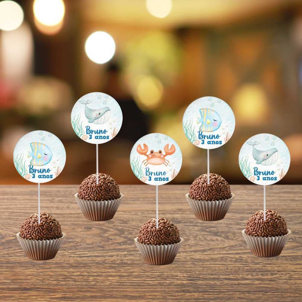 Topper de Docinho Fundo do Mar - Topper de Cupcake Fundo do Mar - Tag pronto para sua festa com nome Fundo do Ma