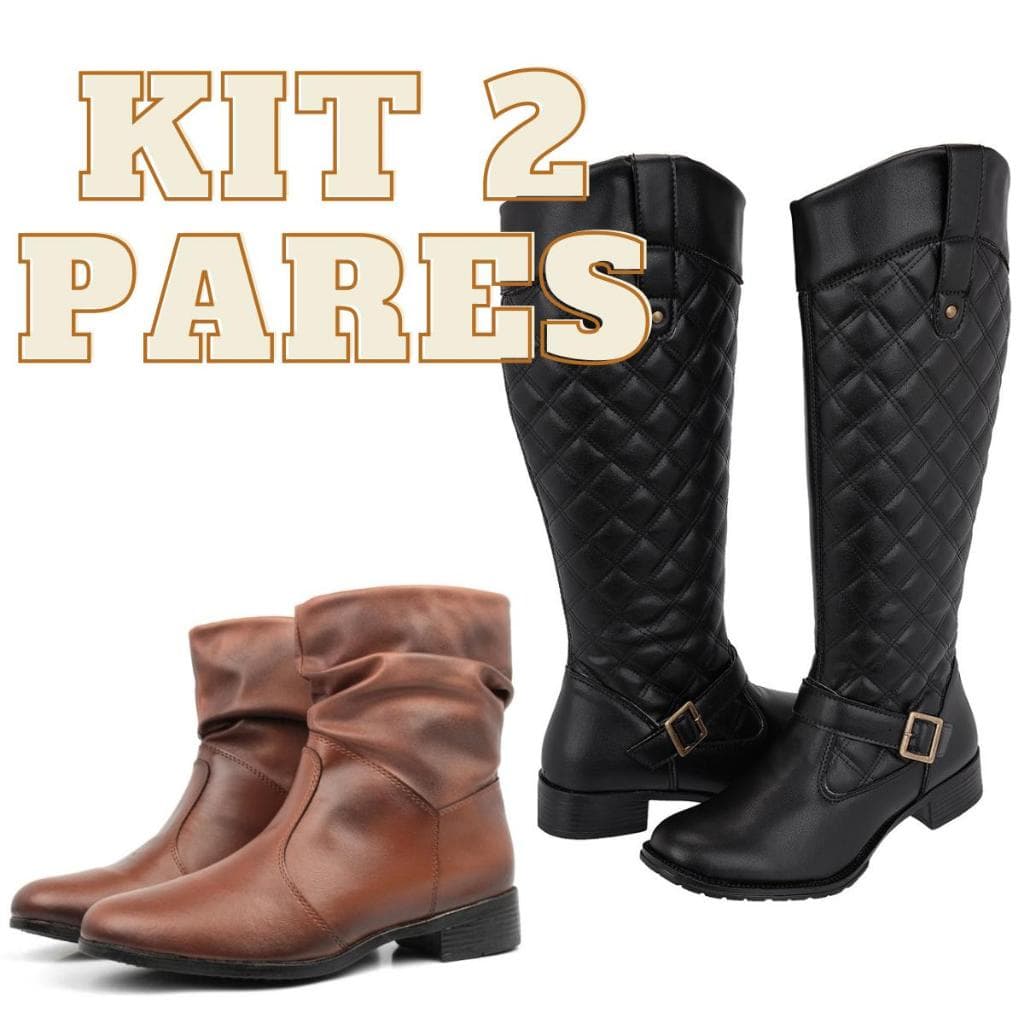 Kit de 2 Pares de Botas -1 Bota Montaria Cano Alto (longo) + 1 Bota Coturno Enrugado Cano Curto Salto Baixo