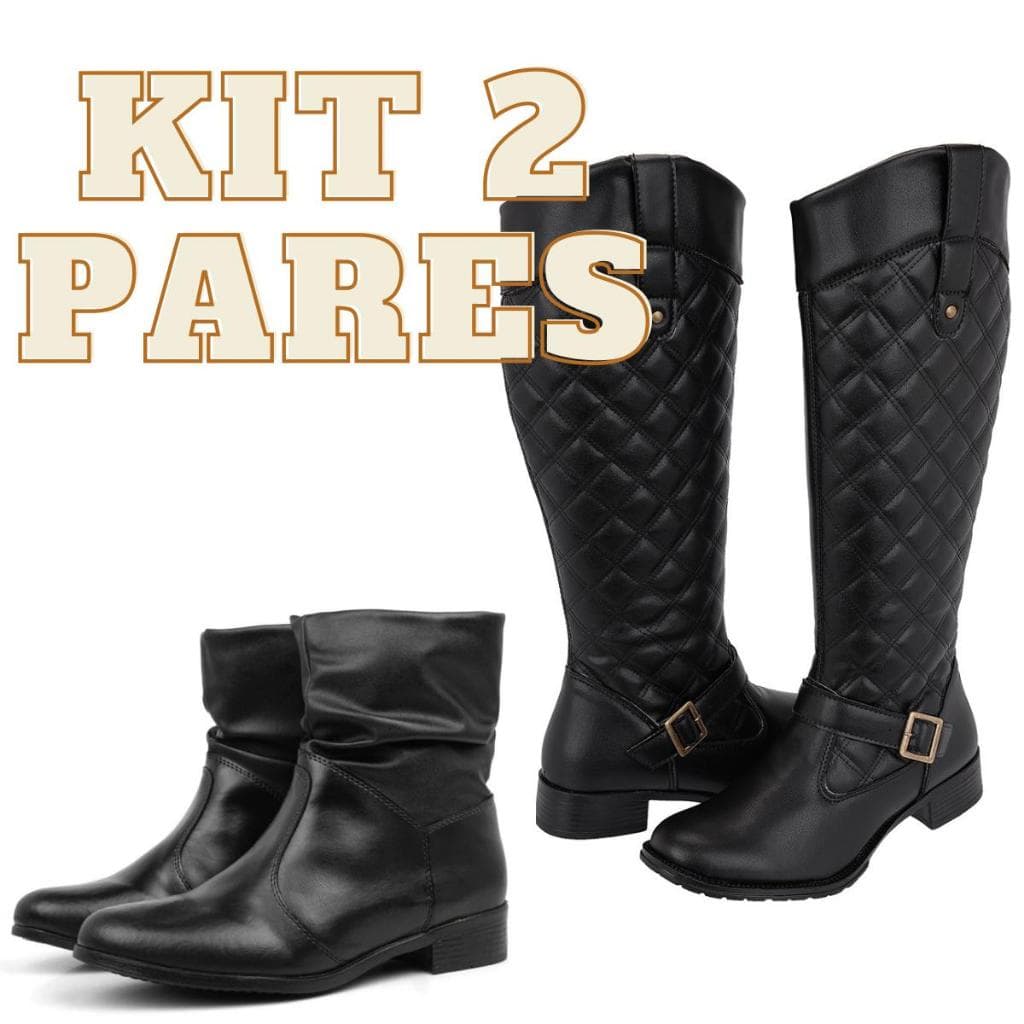 Kit de 2 Pares de Botas -1 Bota Montaria Cano Alto (longo) + 1 Bota Coturno Enrugada Preto Cano Curto Salto Baixo