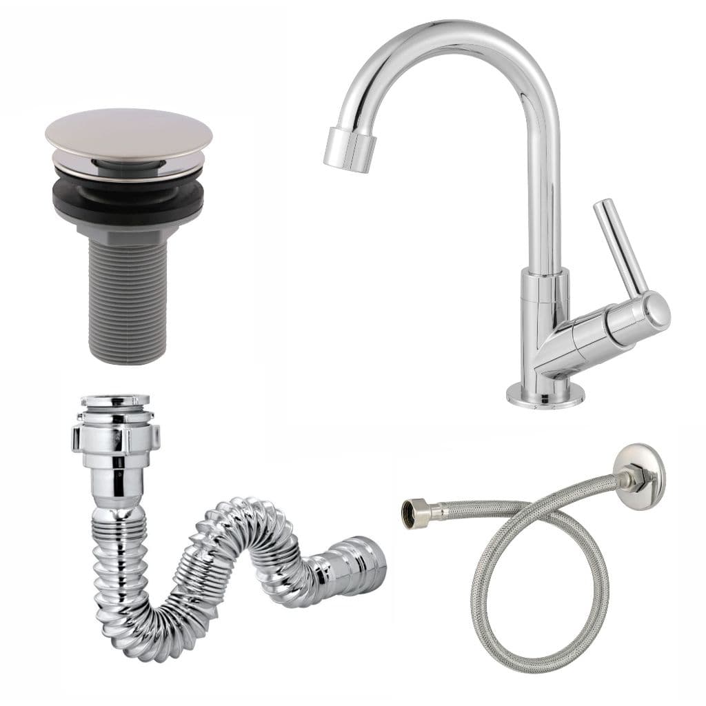 Kit Completo para Cuba de Banheiro Torneira Cromada 3/4 ABS Válvula Click 7/8 Sifão e Engate Flexível 40cm