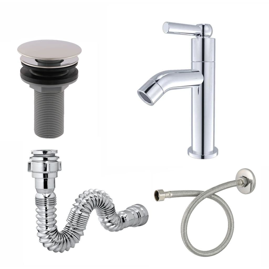 Kit Torneira Lavatório Bica Alta + Válvula 7/8 + Sifão Universal Cromo + Engate Flexível Inox 40cm