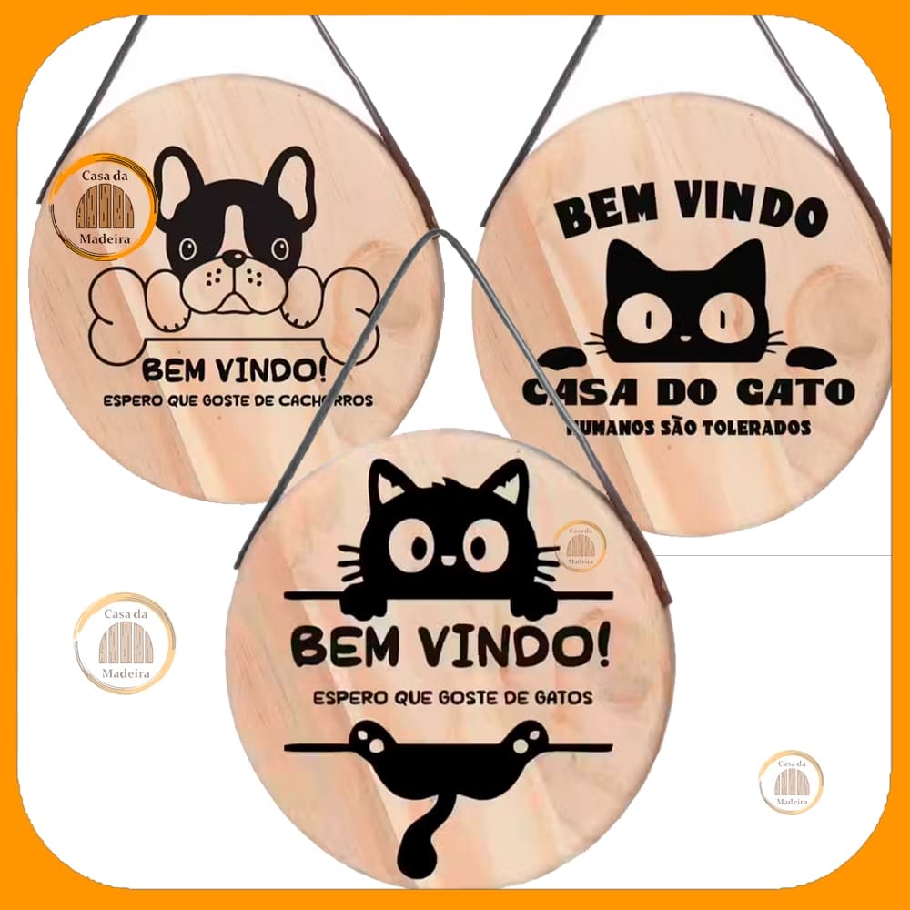 Placa com Alça Placa Redonda Decoração Bem Vindo Pet Cão Gato