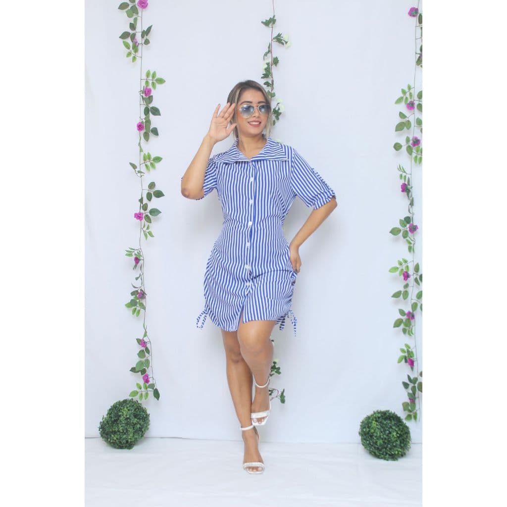 Vestido Chamise Social Feminino em Tecido Crepe Listrado – Estilo Casual e Sofisticado