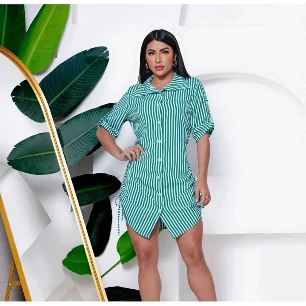 Vestido Chamise Feminino Tecido Crepe Listrado – Estilo Casual e Sofisticado