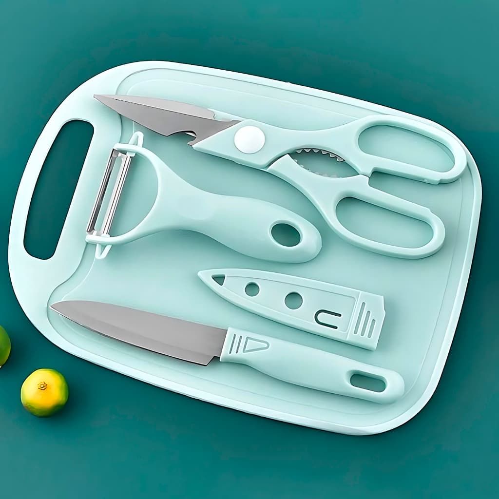 Kit Utensílios de Cozinha 4 Peças Top Chef Azul Conjunto com Faca, Tábua de Corte, Tesoura Multiuso e Descascador