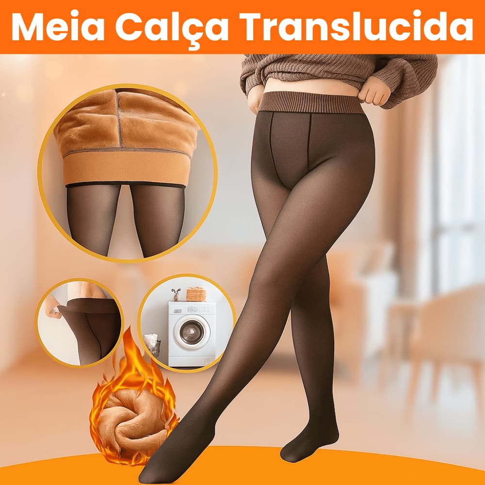 Meia-Calça Translúcida Lã Feminina Elástica Térmica Forrada Pelúcia Aveludada Tamanho 32x99cm Inverno Frio