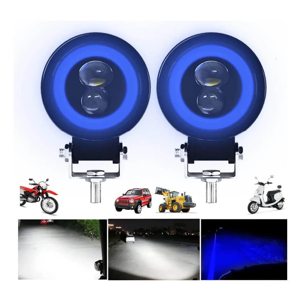 Par Faróis De Milha Moto Farol De Led Auxiliar Angel Eyes 6000K Azul+Branco 3 Polegada