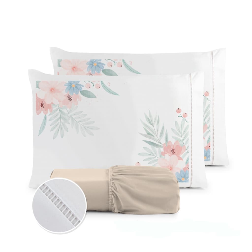 Kit Jogo de Lençol Solteiro Fronha Estampada Micropercal 400 Fios Ponto Palito - Flor Rosa