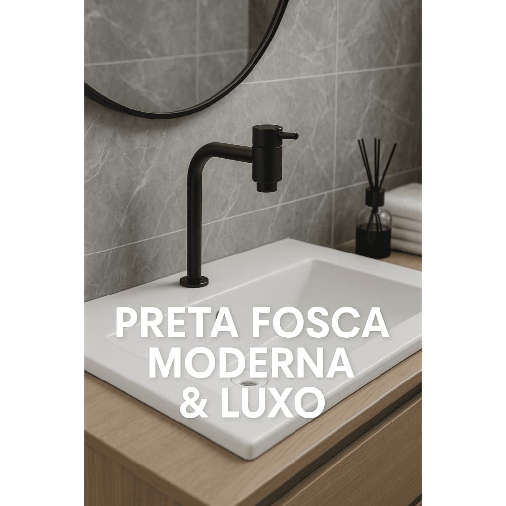 Torneira Link Bica Alta Preta Fosca em Metal 1/4 Volta com Canopla – Cozinha ou Banheiro