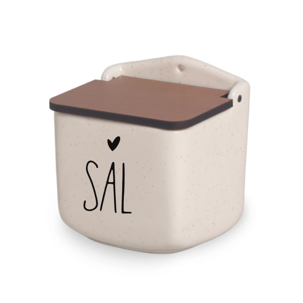 Saleiro Duo Bege de Cerâmica Tampa de MDF Segunda Linha Defeitos Cozinha Decoração SAL CORAÇÃO DUO