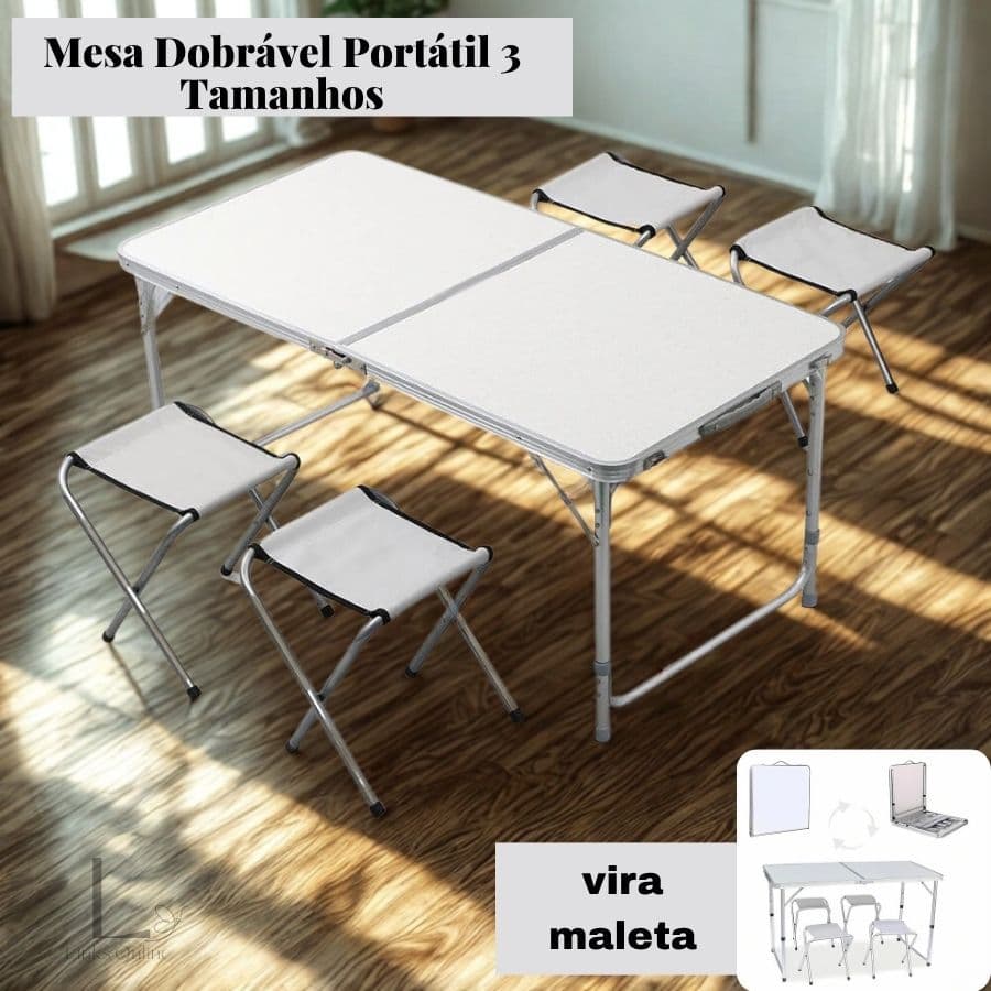 Mesa Dobrável Portátil 3 Tamanhos Camping Alumínio Sem Bancos Maleta