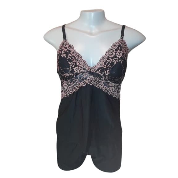 Conjunto Emy (Preto com Detalhes em Renda Rosa Claro) – Toque Sedoso  - Tamanhos P ao GG