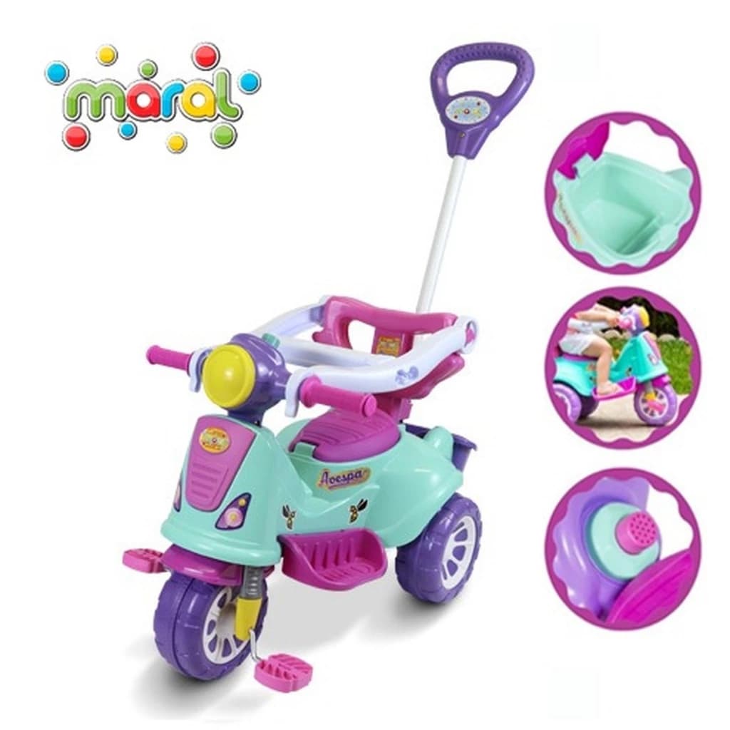 Carrinho de Passeio Triciclo Avespa Motoca com Pedal Apoio de pé e Haste Empurrador Infantil Maral