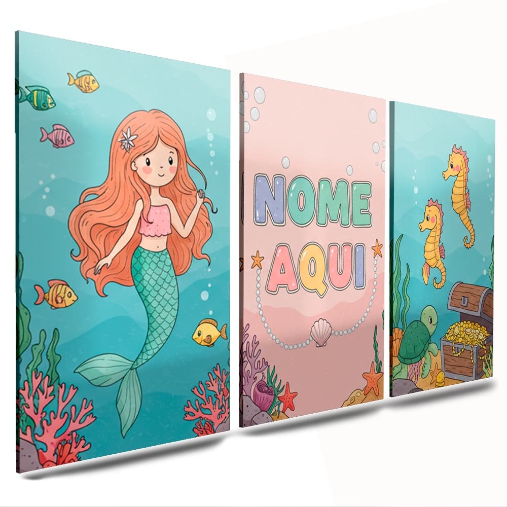 quadro decorativo nome personalizado quarto menina infatil sereia peixe agua colorido