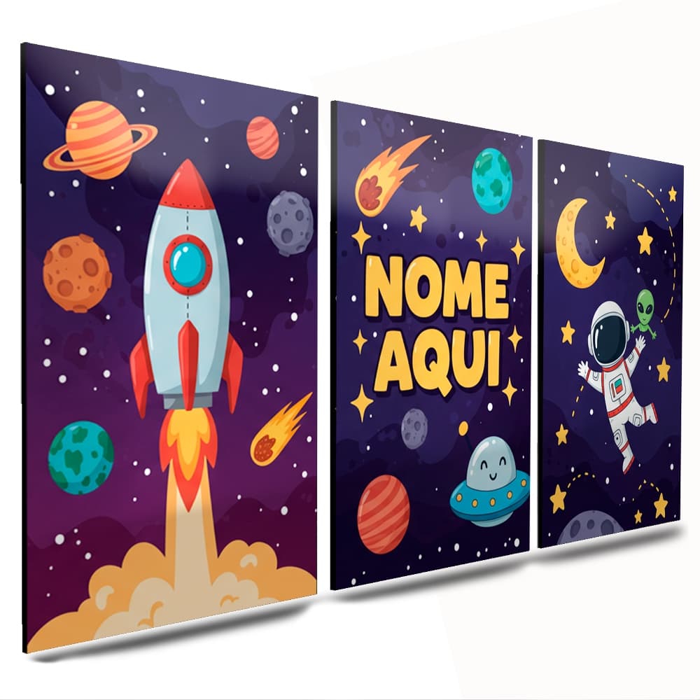 kit quadros 3 peças nome personalizado crianças quarto infantil astronauta foguete lua