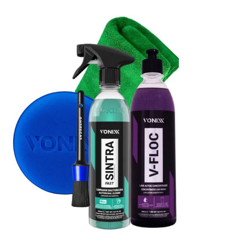 KIT LIMPEZA EXTERNA E INTERNA V FLOC SHAMPOO + SINTRA FAST PAINEL E PLÁSTICOS + APLICADOR + TOALHA E PINCEL