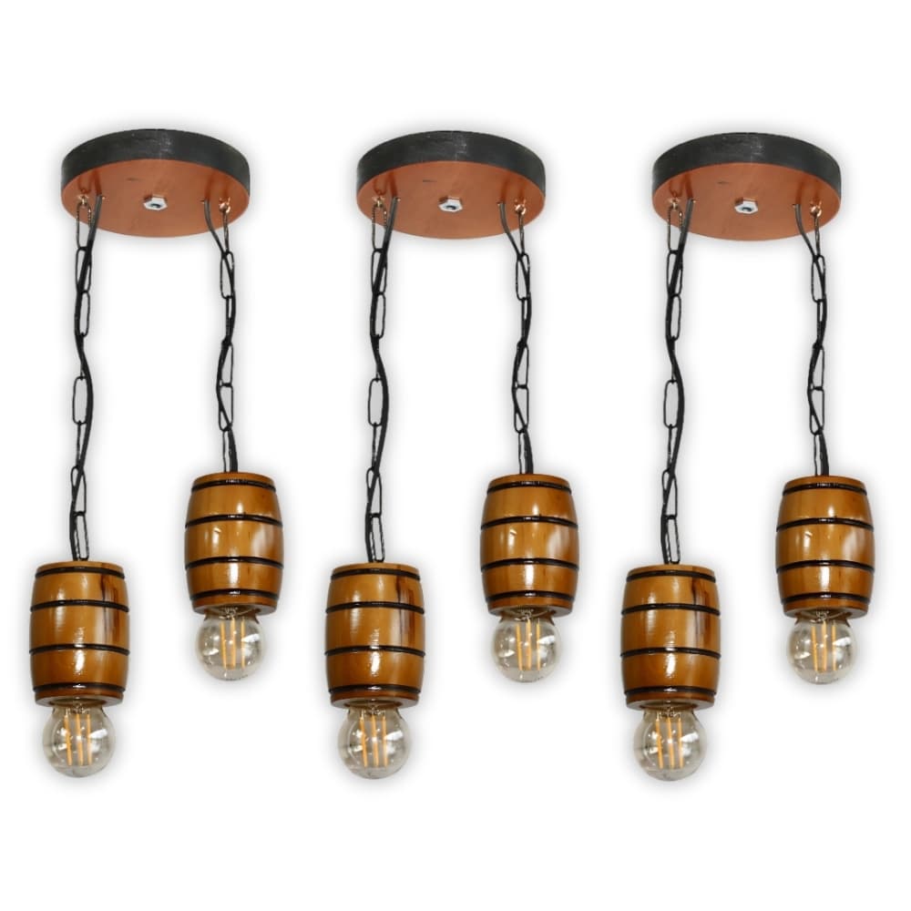 Kit 3 Luminária Pendente Lustre Rústico Vintage Colonial em Madeira Maciça Modelo Barril - Cerejeira
