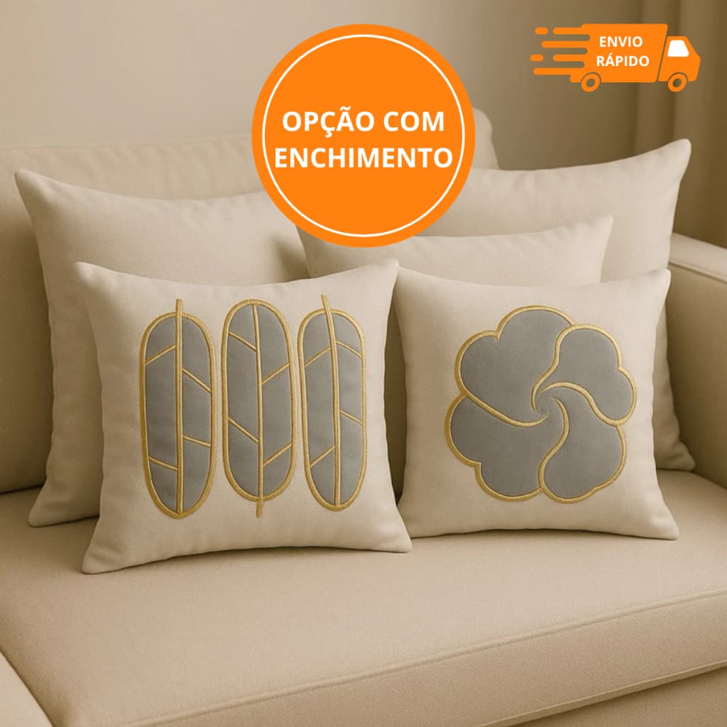 KIT 5 ALMOFADAS DECORATIVAS 45x45 | 3 BORDADAS + 2 LISAS EM SUEDE | COM OU SEM ENCHIMENTO