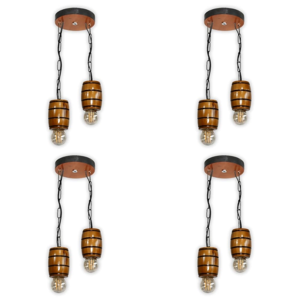 Kit 4 Luminária Pendente Lustre Rústico Vintage Colonial em Madeira Maciça Modelo Barril - Cerejeira