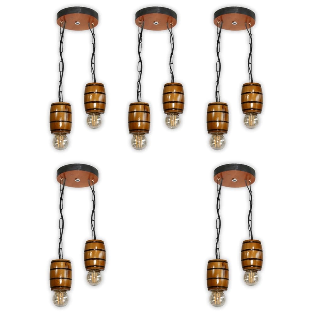 Kit 5 Luminária Pendente Lustre Rústico Vintage Colonial em Madeira Maciça Modelo Barril - Cerejeira