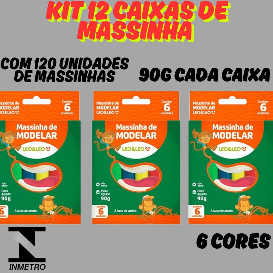 KIT 12 Caixas Massa Massinha de Modelar 90g 6 Cores Colorida Leo&Leo Infantil Atoxico