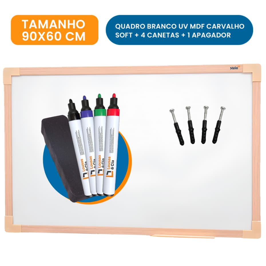 Quadro Branco Lousa Branca Uv MDF Carvalho Soft Stalo 90x60Cm + 4 canetas + 1 apagador