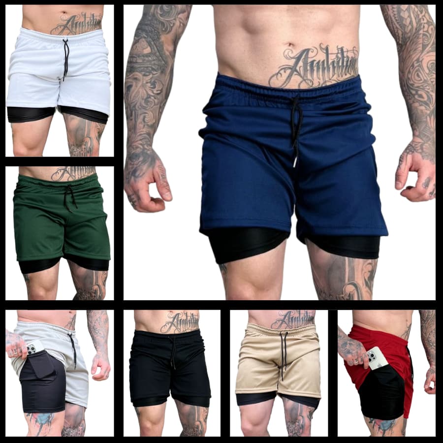 Shorts 2 Em 1 DryFit Bermuda Esportiva Academia Corrida Treino Com Bolso Porta-Celular Varias Cores