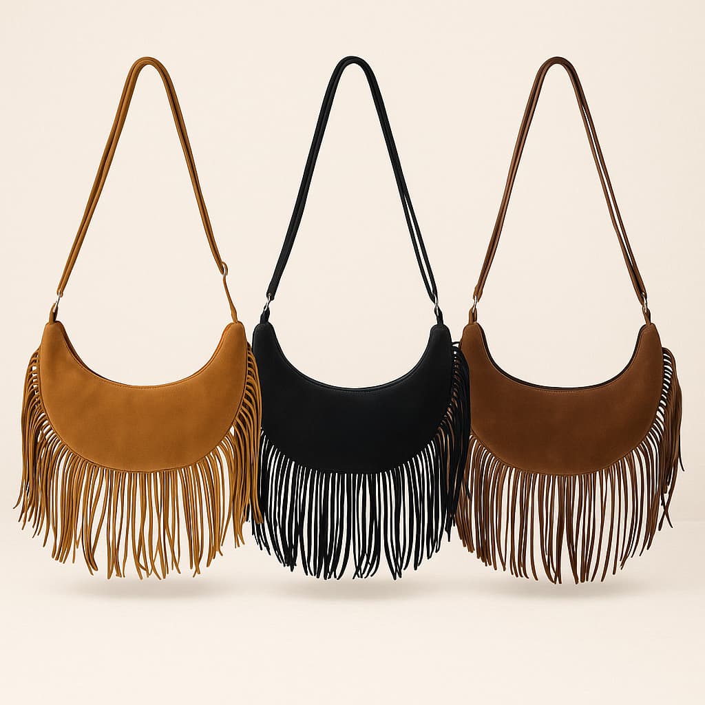 Bolsa Feminina Boho Franjas Longas Estilo Camurça para Ombro Casual e Moderna