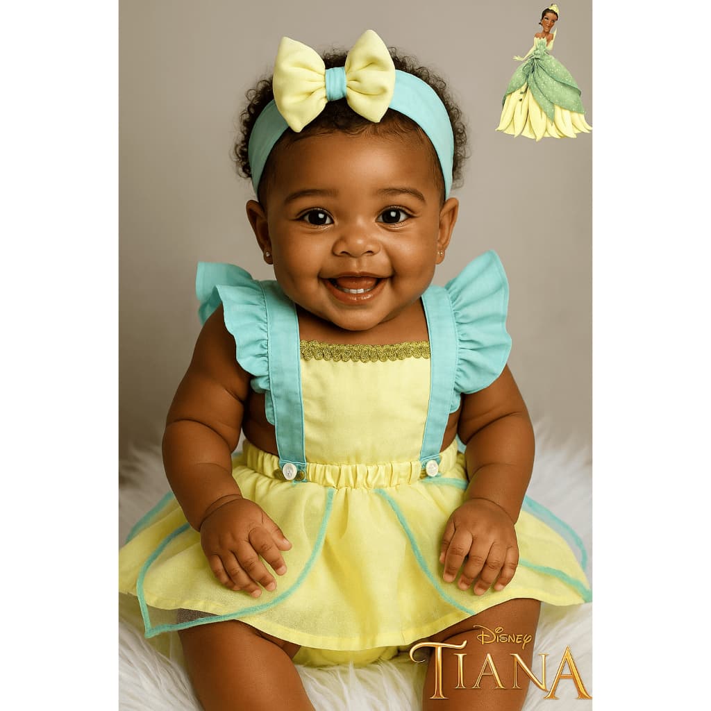 Jardineira Saia Tiana Infantil Princesa E O Sapo Temática Mesversário C/ Laço de Cabelo Organza Bebe